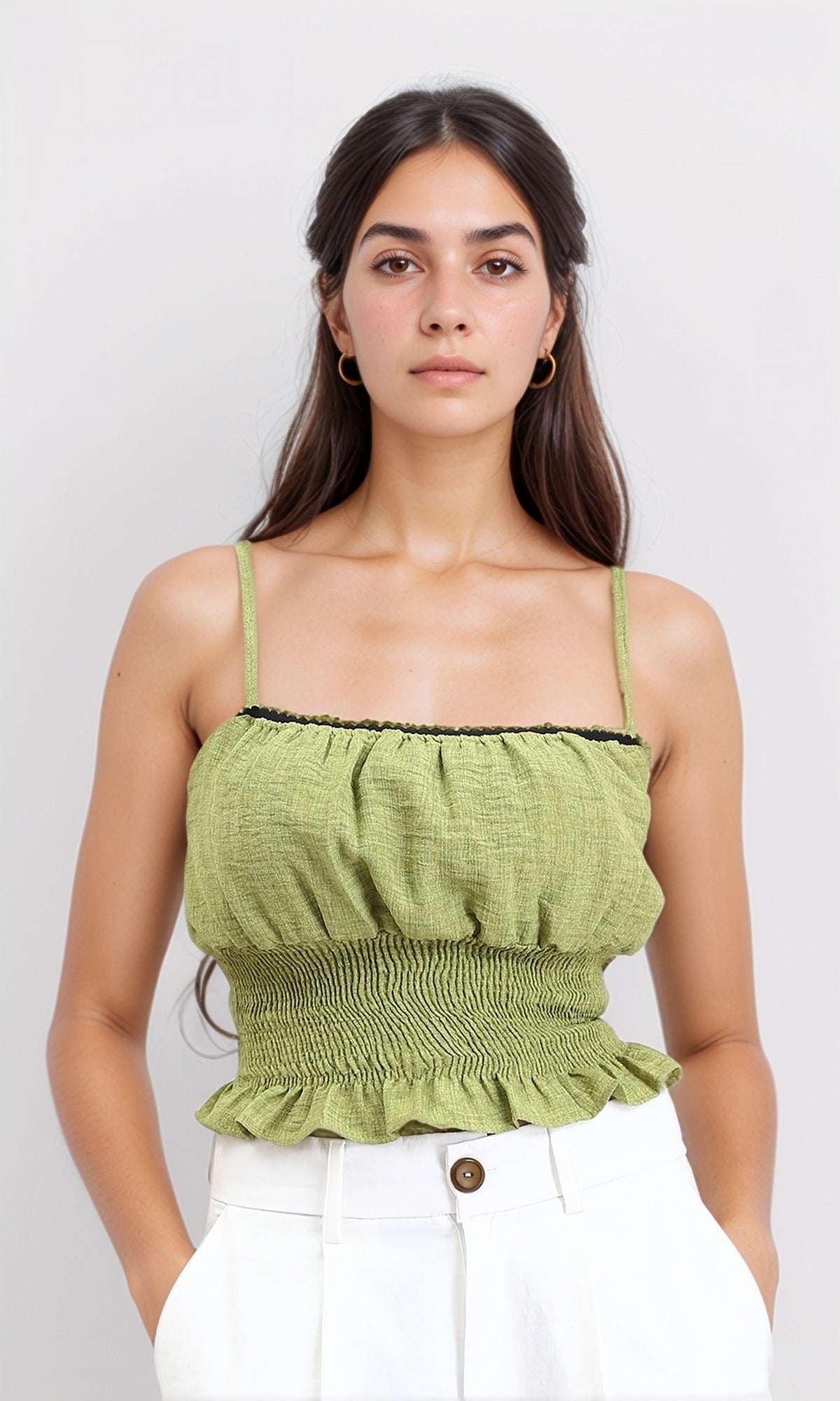 Spaghetti Sleeves Shirred Top - Lime