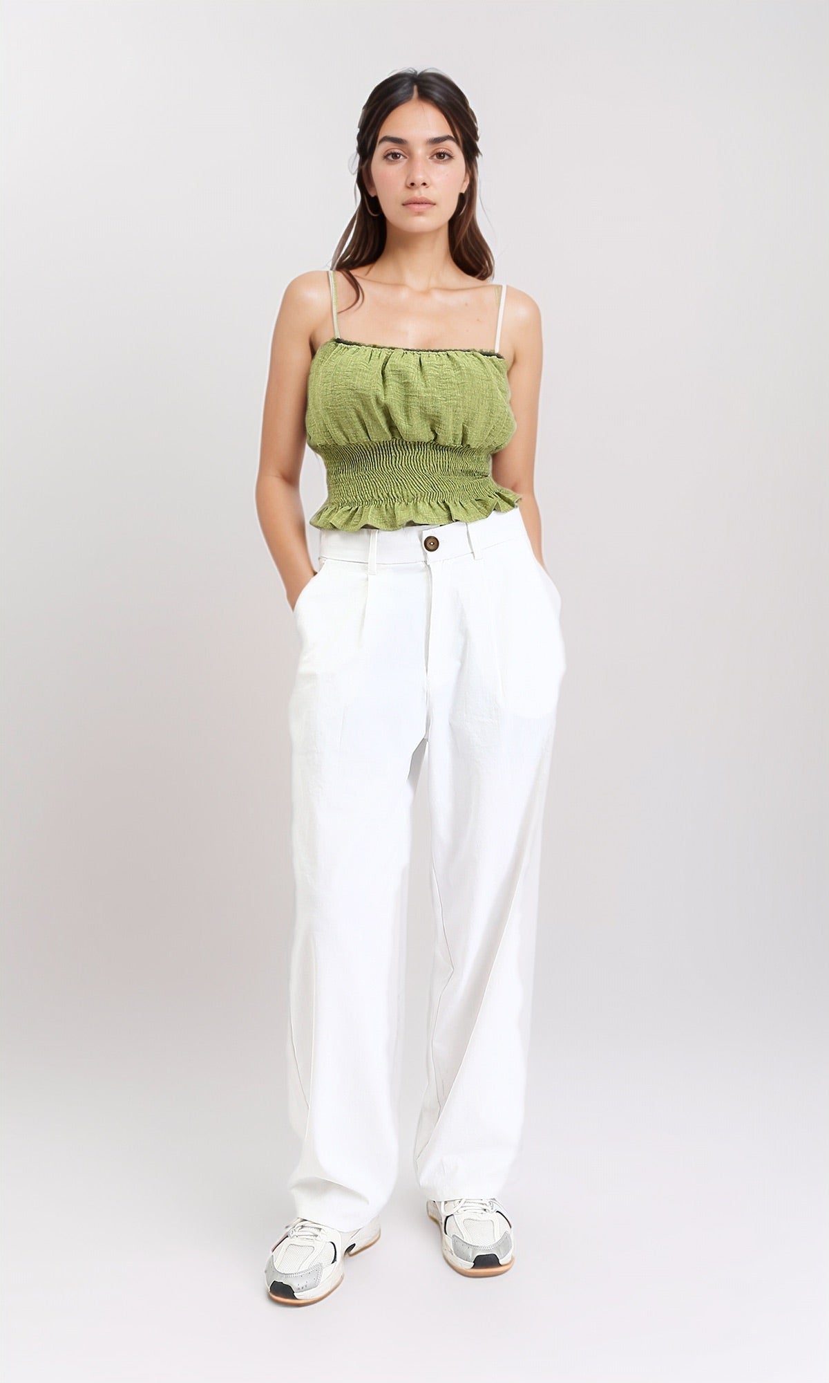 R210022 - Spaghetti Sleeves Shirred Top - Lime