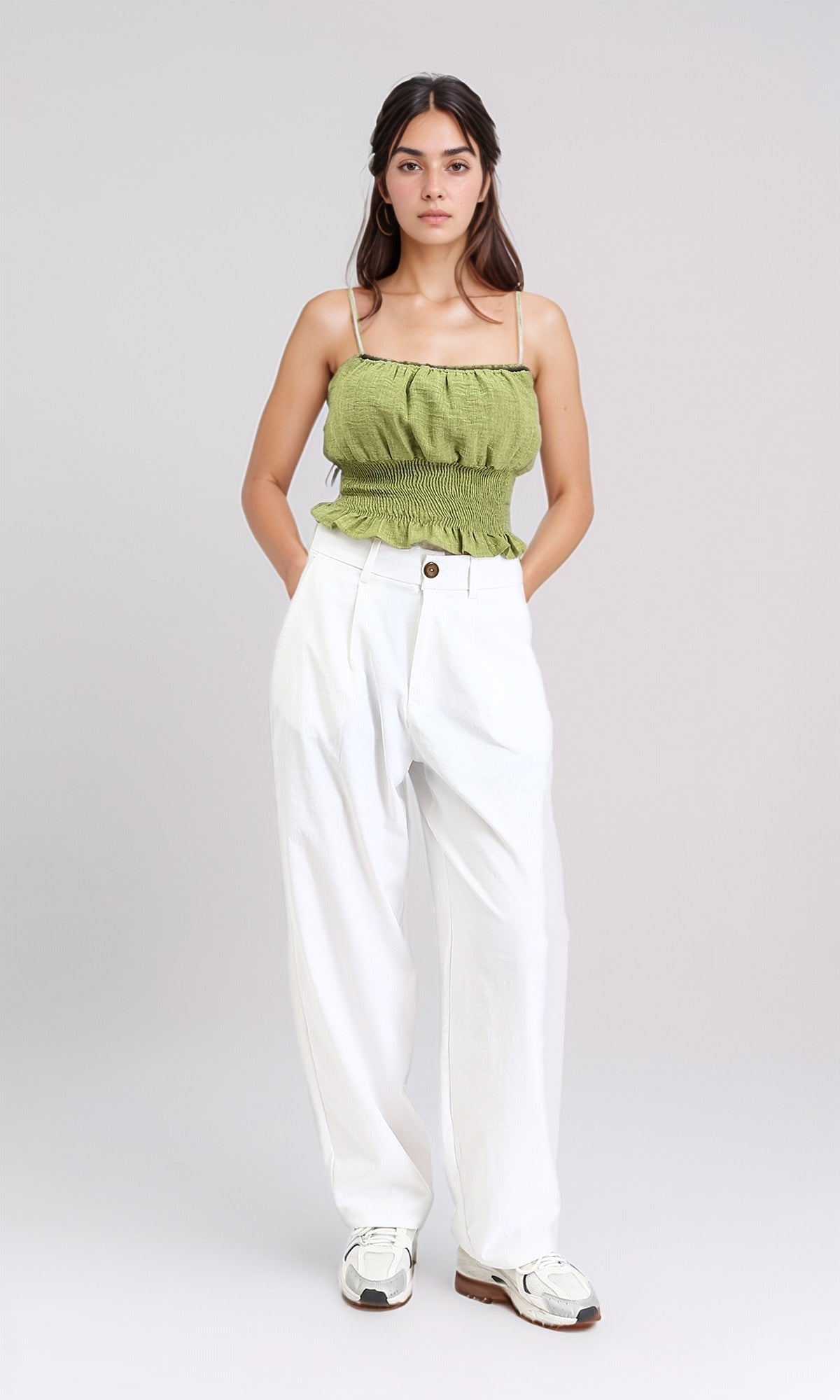 R210022 - Spaghetti Sleeves Shirred Top - Lime