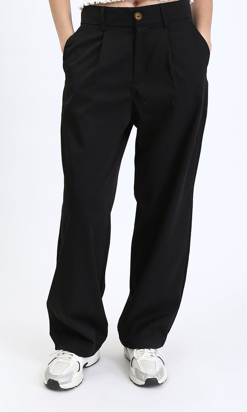 R210023 - Solid Wide Leg Casual Pants - Black
