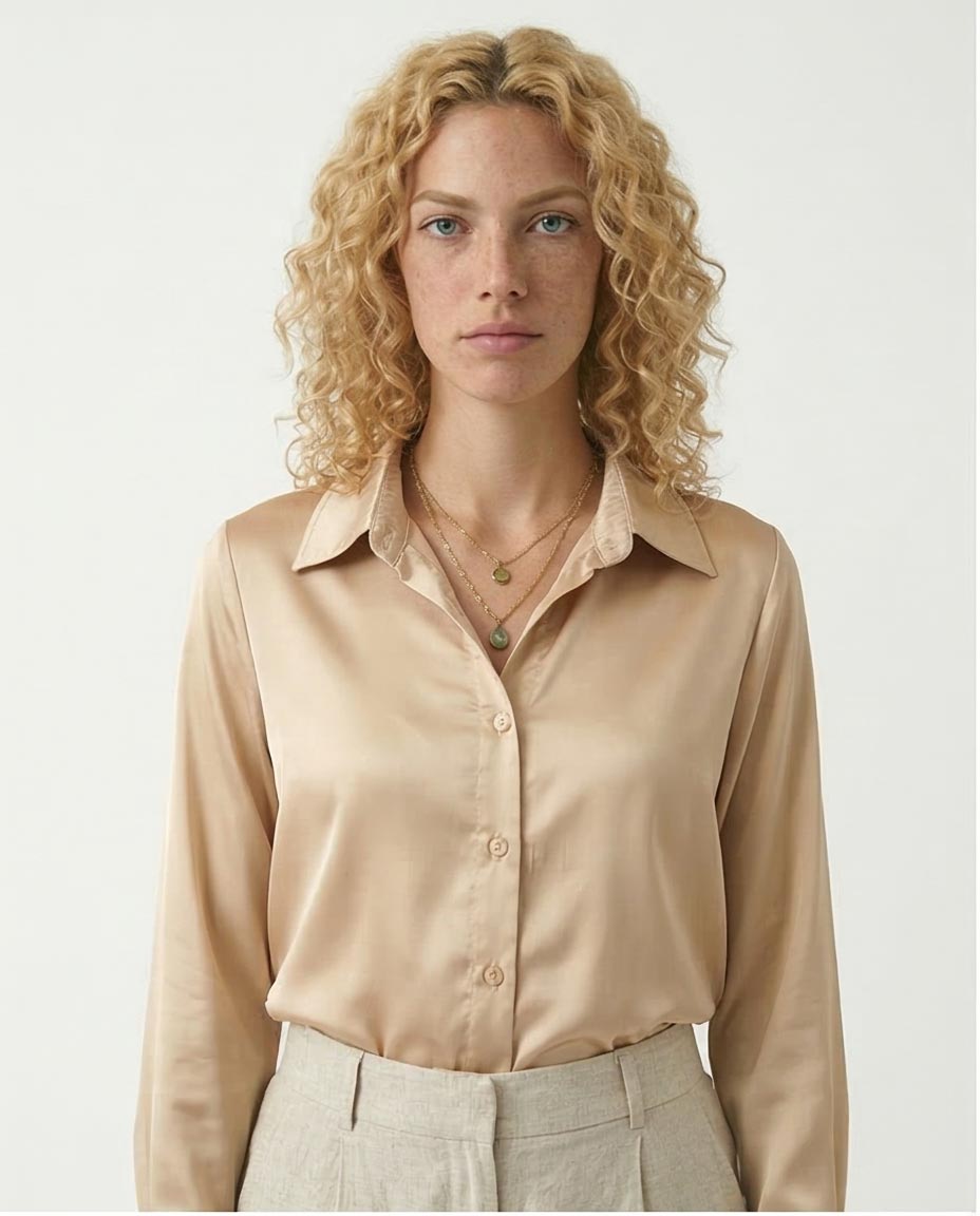 Women's Champagne Satin Long-Sleeve Button-Down Shirt - Light Gold