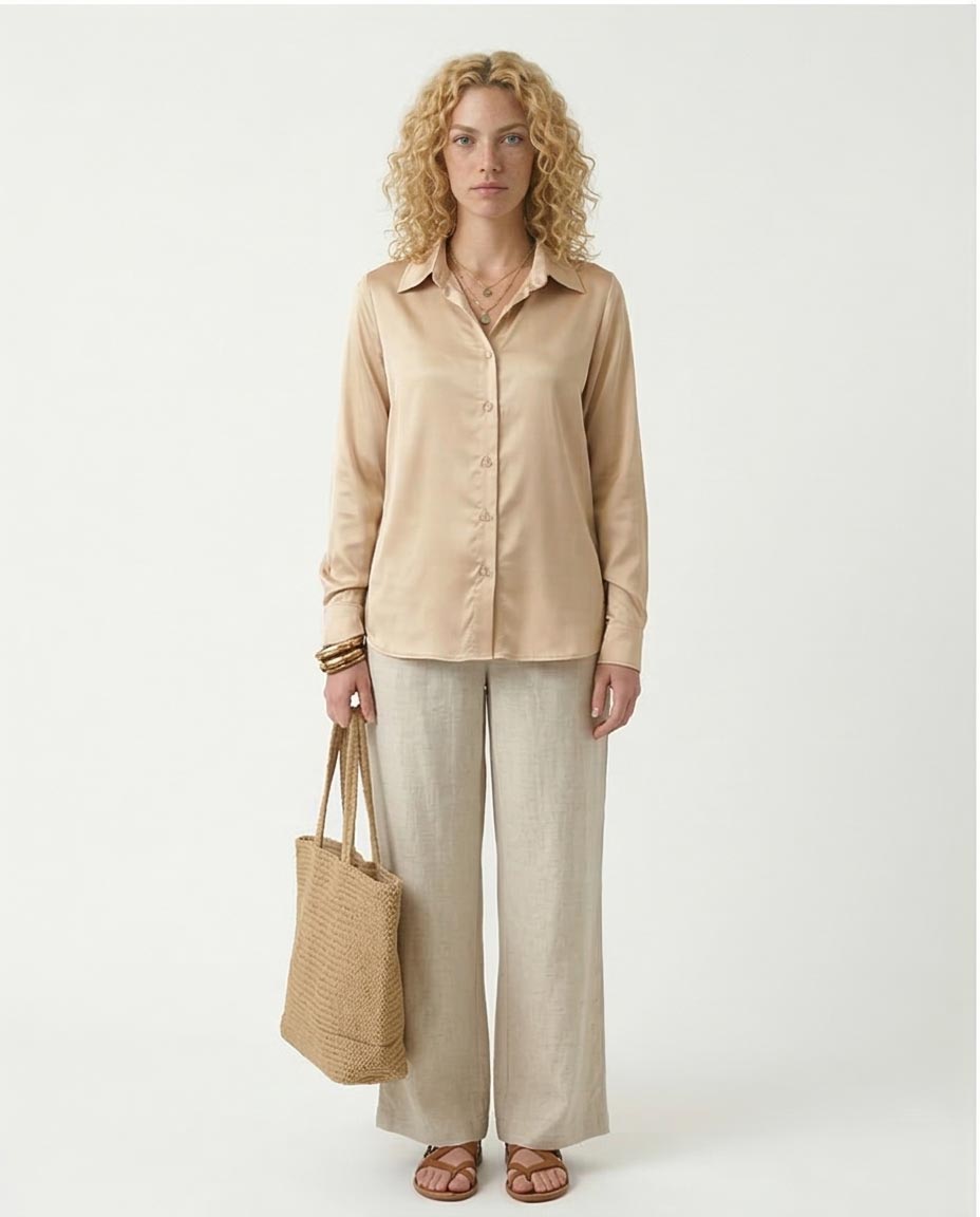 Ravin Women’s Champagne Satin Long-Sleeve Button-Down Shirt - Light Gold - R210027