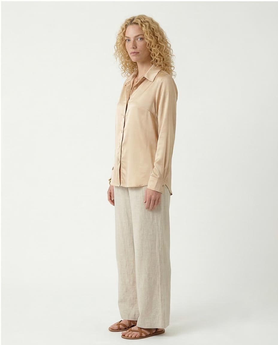 Ravin Women’s Champagne Satin Long-Sleeve Button-Down Shirt - Light Gold - R210027