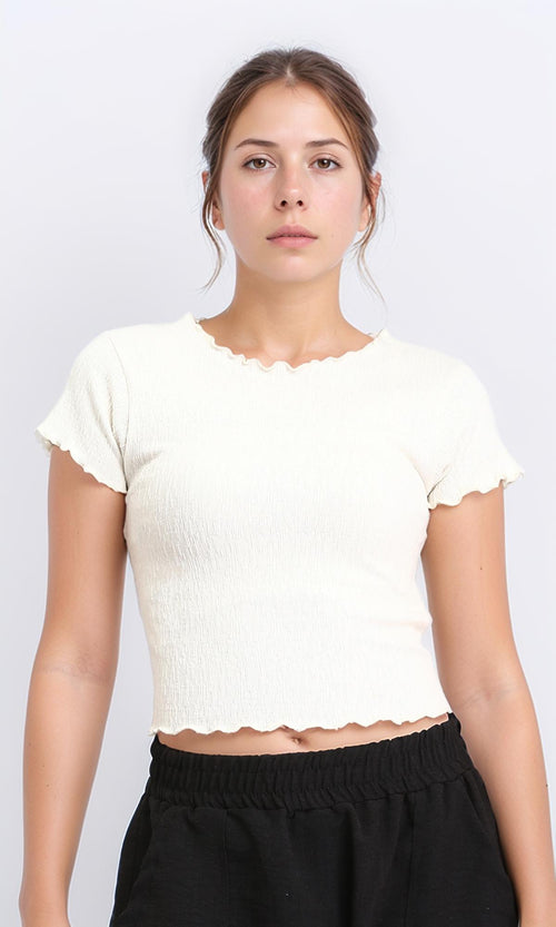 Short Sleeves Boat Neck Casual Top - Cream