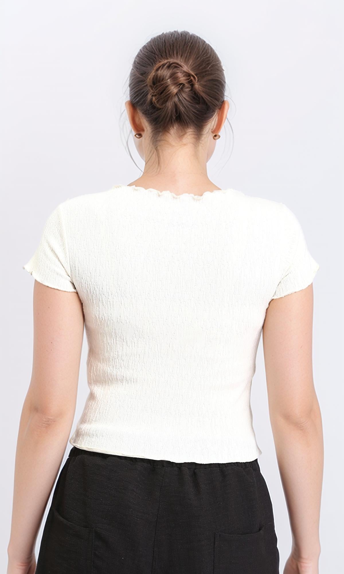 R210029 - Short Sleeves Boat Neck Casual Top - Cream