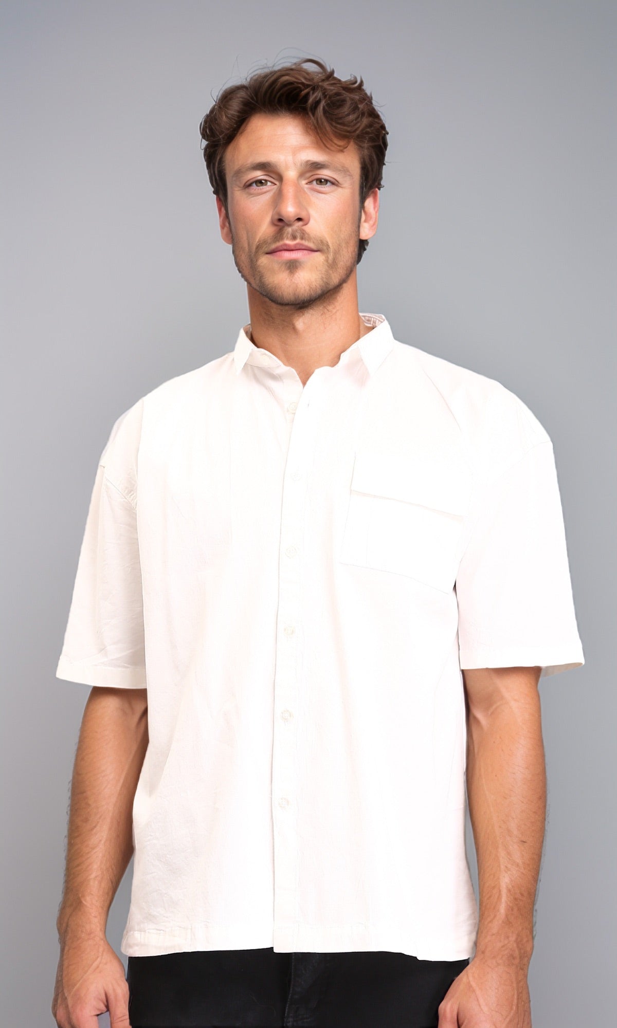 Solid Elbow Sleeves Shirt with Classic Collar - Off-White