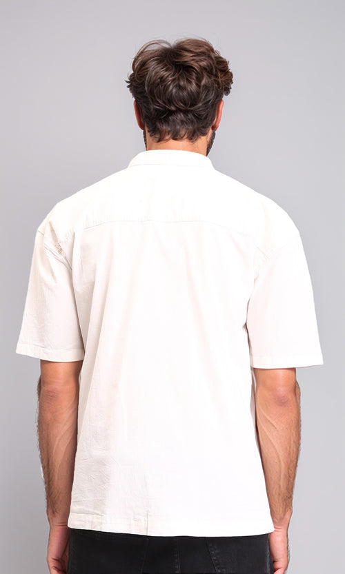 R210047 - Solid Elbow Sleeves Shirt with Classic Collar - Off-White