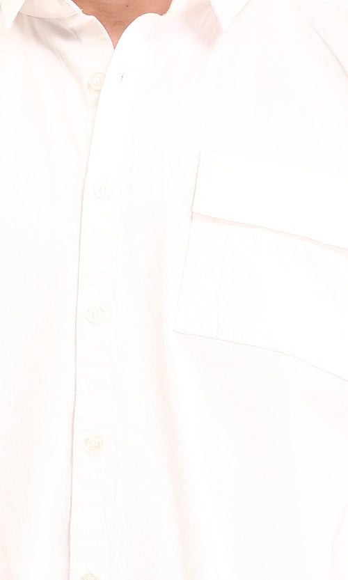R210047 - Solid Elbow Sleeves Shirt with Classic Collar - Off-White