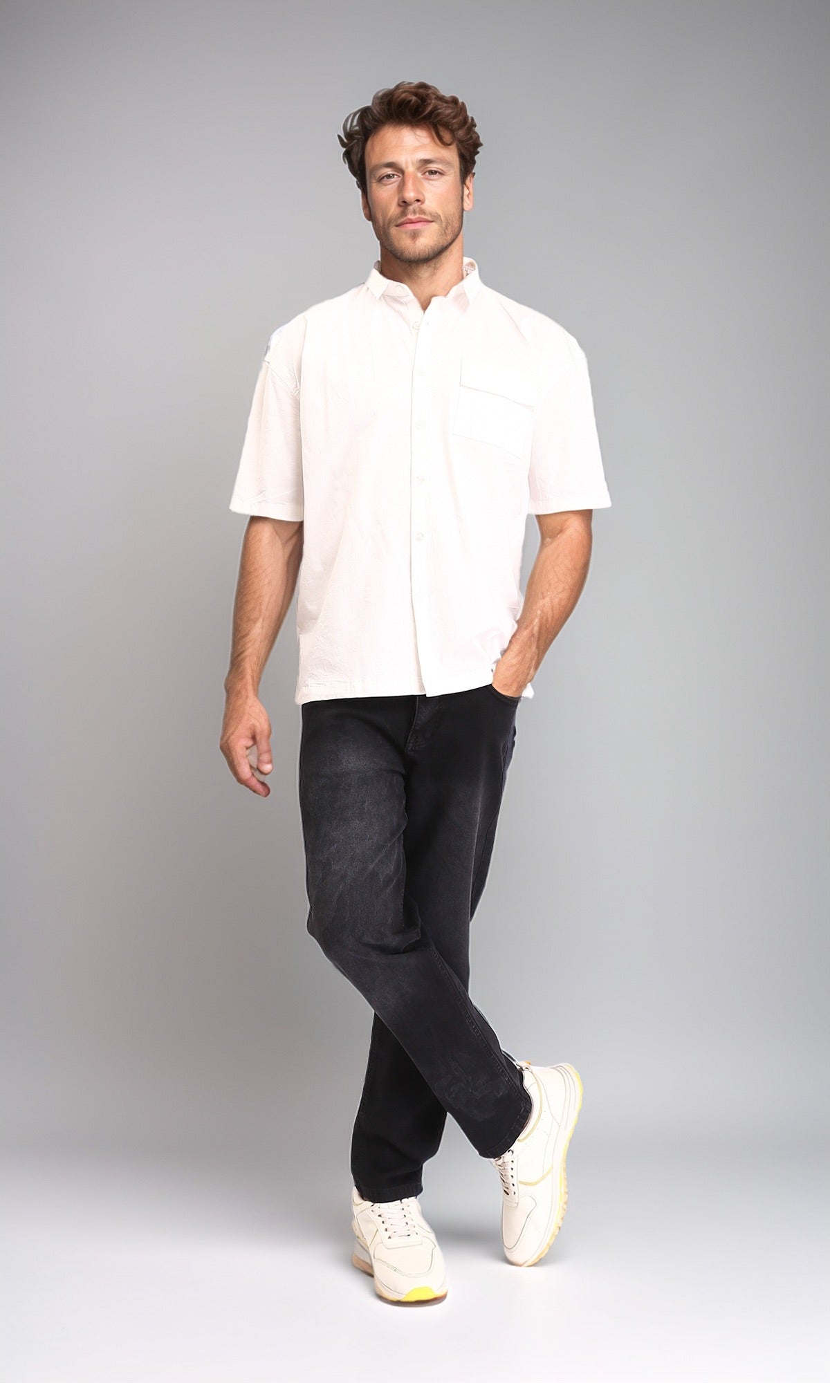R210047 - Solid Elbow Sleeves Shirt with Classic Collar - Off-White