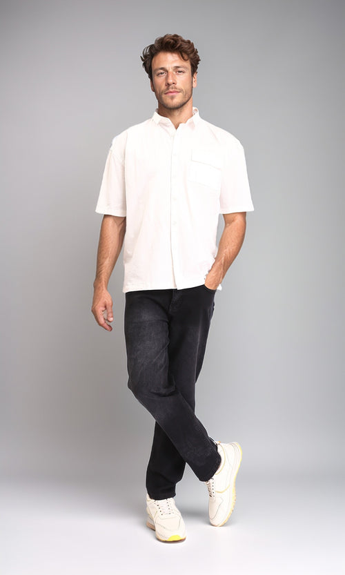 R210047 - Solid Elbow Sleeves Shirt with Classic Collar - Off-White