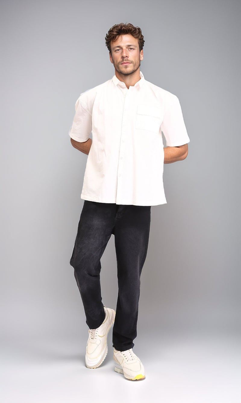 R210047 - Solid Elbow Sleeves Shirt with Classic Collar - Off-White