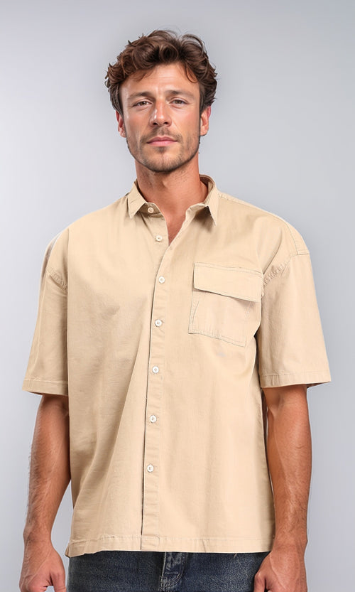 R210048 - Short Sleeves Shirt with Front Pocket - Dark Beige