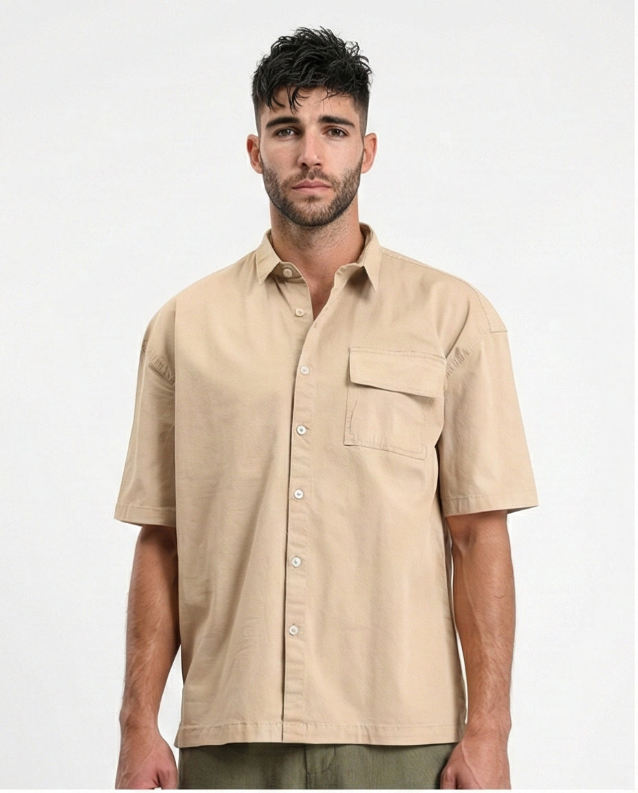 Short Sleeves Shirt with Front Pocket - Dark Beige