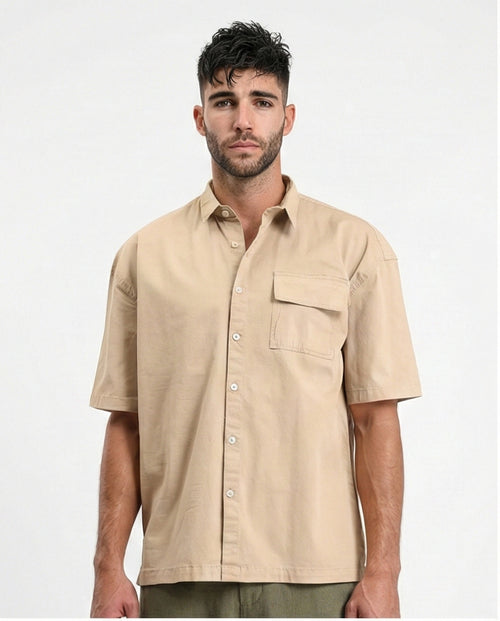 Short Sleeves Shirt with Front Pocket - Dark Beige