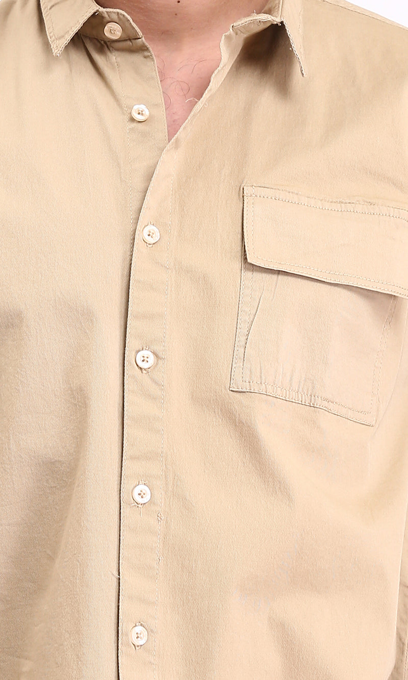 R210048 - Short Sleeves Shirt with Front Pocket - Dark Beige