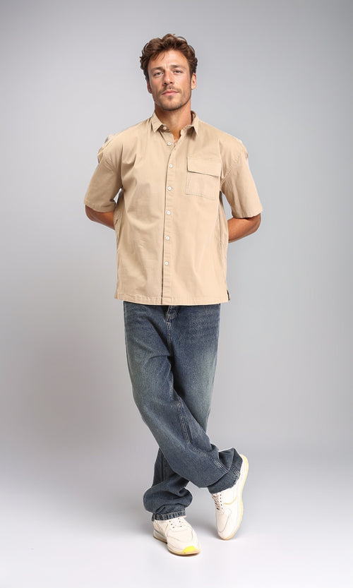 R210048 - Short Sleeves Shirt with Front Pocket - Dark Beige