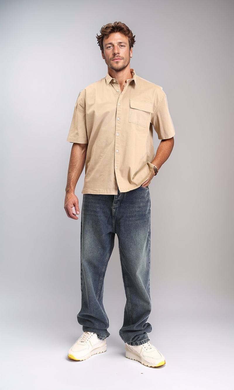 R210048 - Short Sleeves Shirt with Front Pocket - Dark Beige