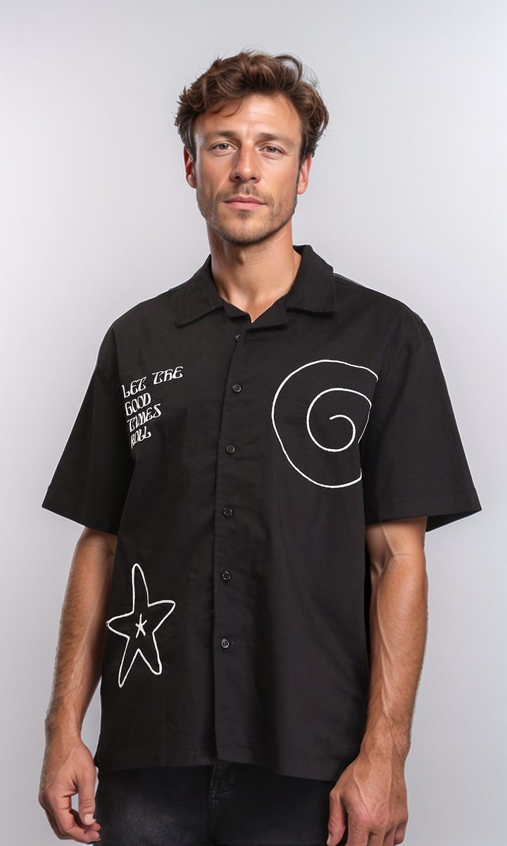 Turn Down Collar Printed Shirt - Black
