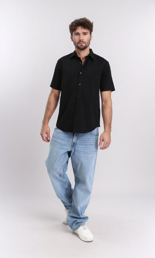 R210050 - Solid Elbow Sleeves Summer Shirt - Black