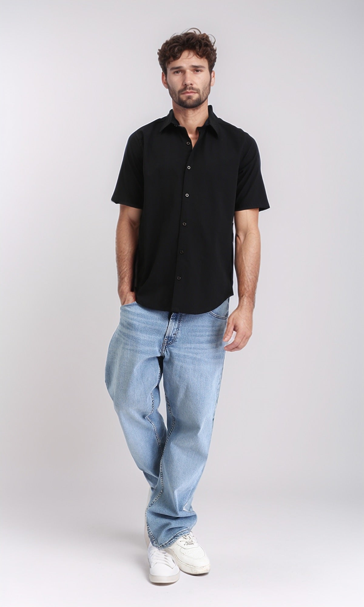 R210050 - Solid Elbow Sleeves Summer Shirt - Black
