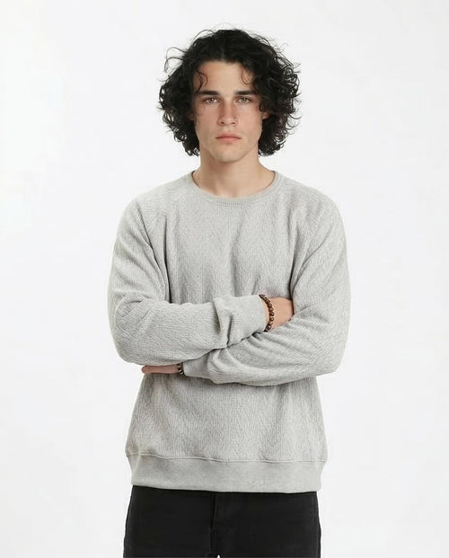 Person wearing a gray sweatshirt on a white background