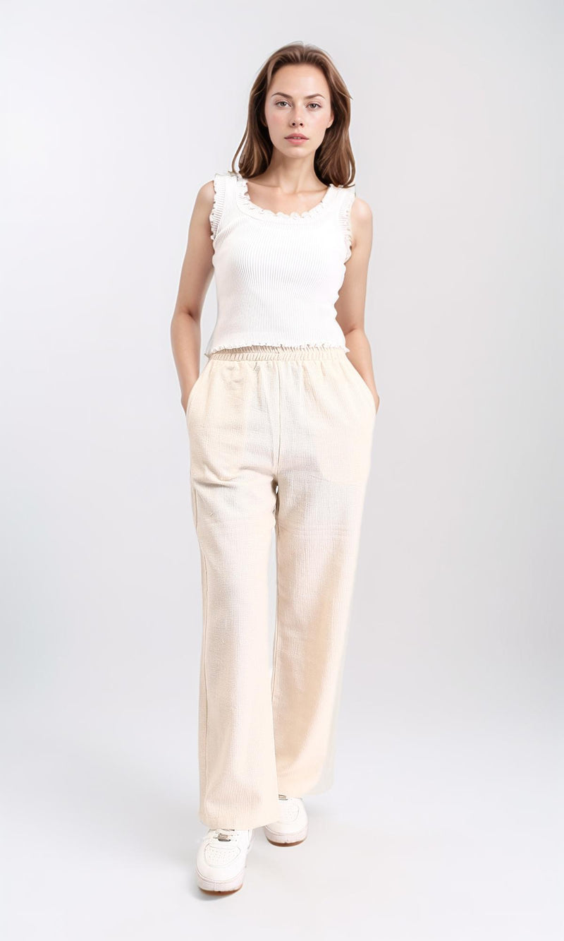R210103 - Cotton Pants with Elastic Waist - Beige