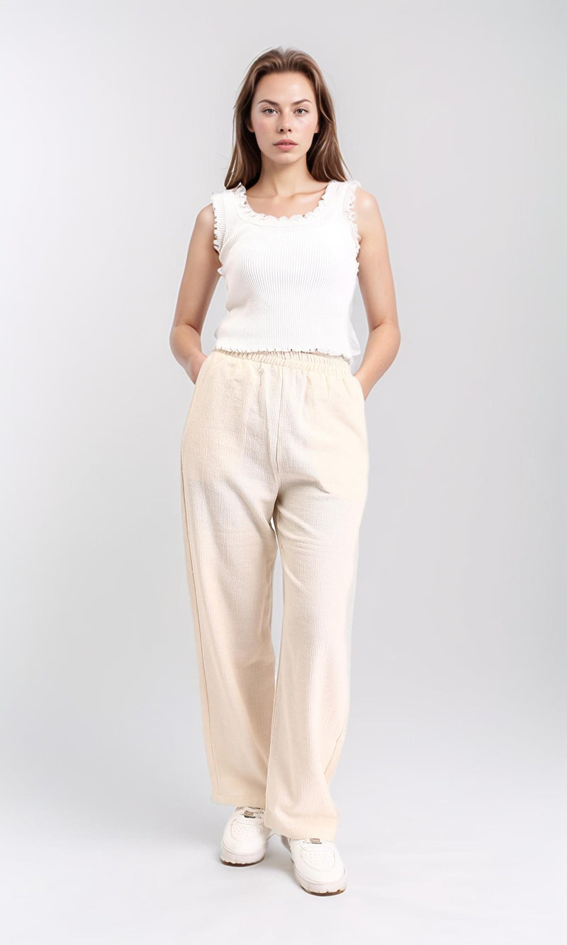 R210103 - Cotton Pants with Elastic Waist - Beige