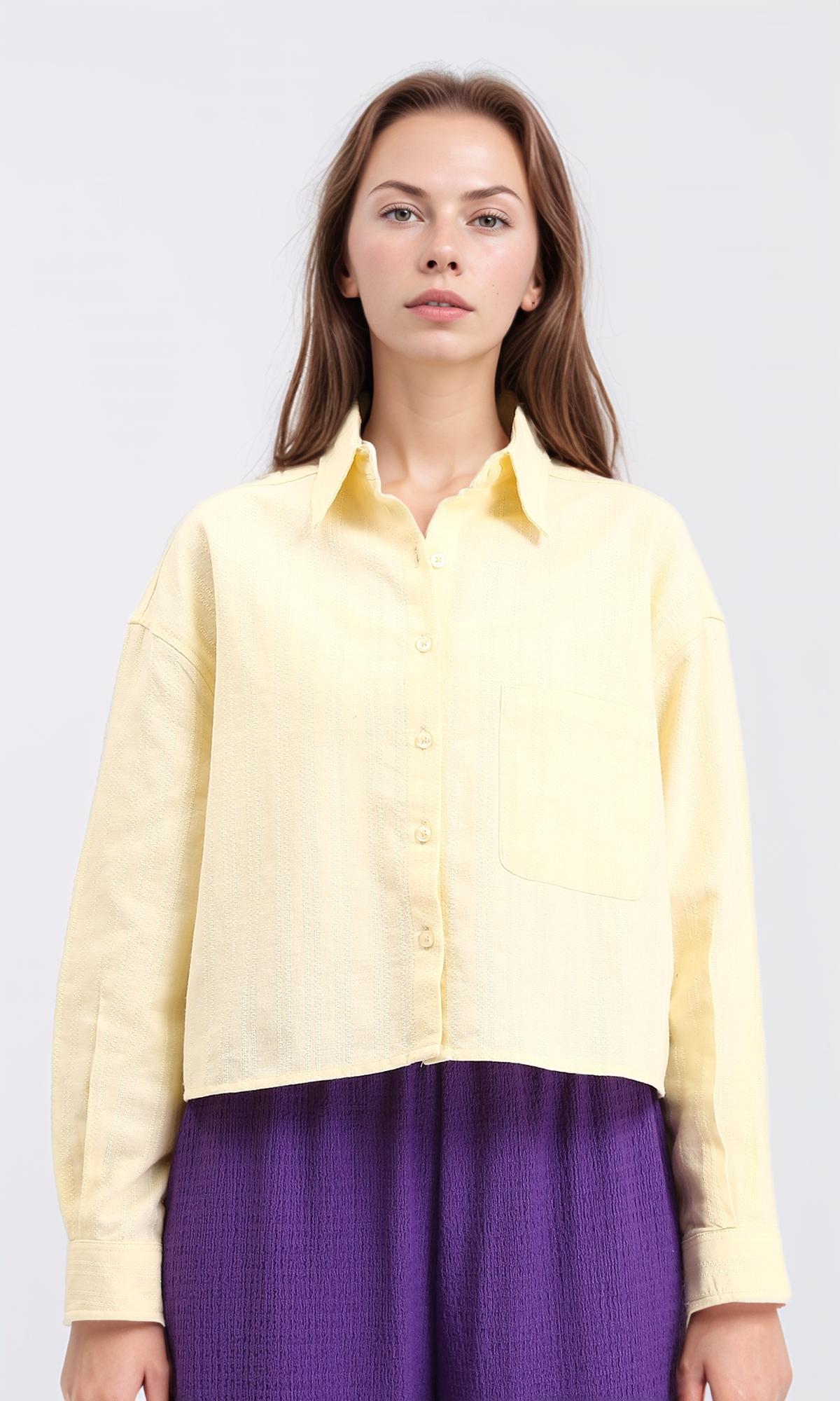 R210105 - Self Pattern Long Sleeves Cotton Shirt - Yellow