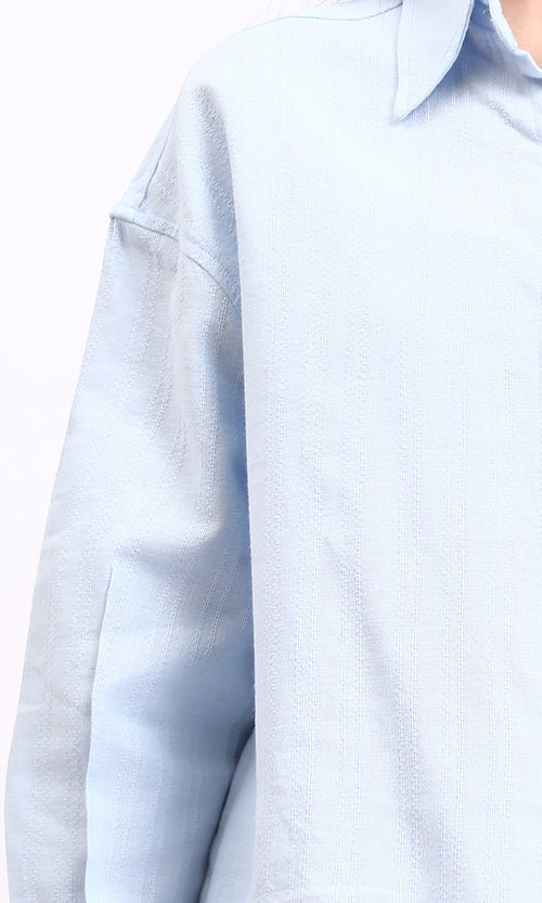 R210106 - Self Pattern Long Sleeves Cotton Shirt - Light Blue