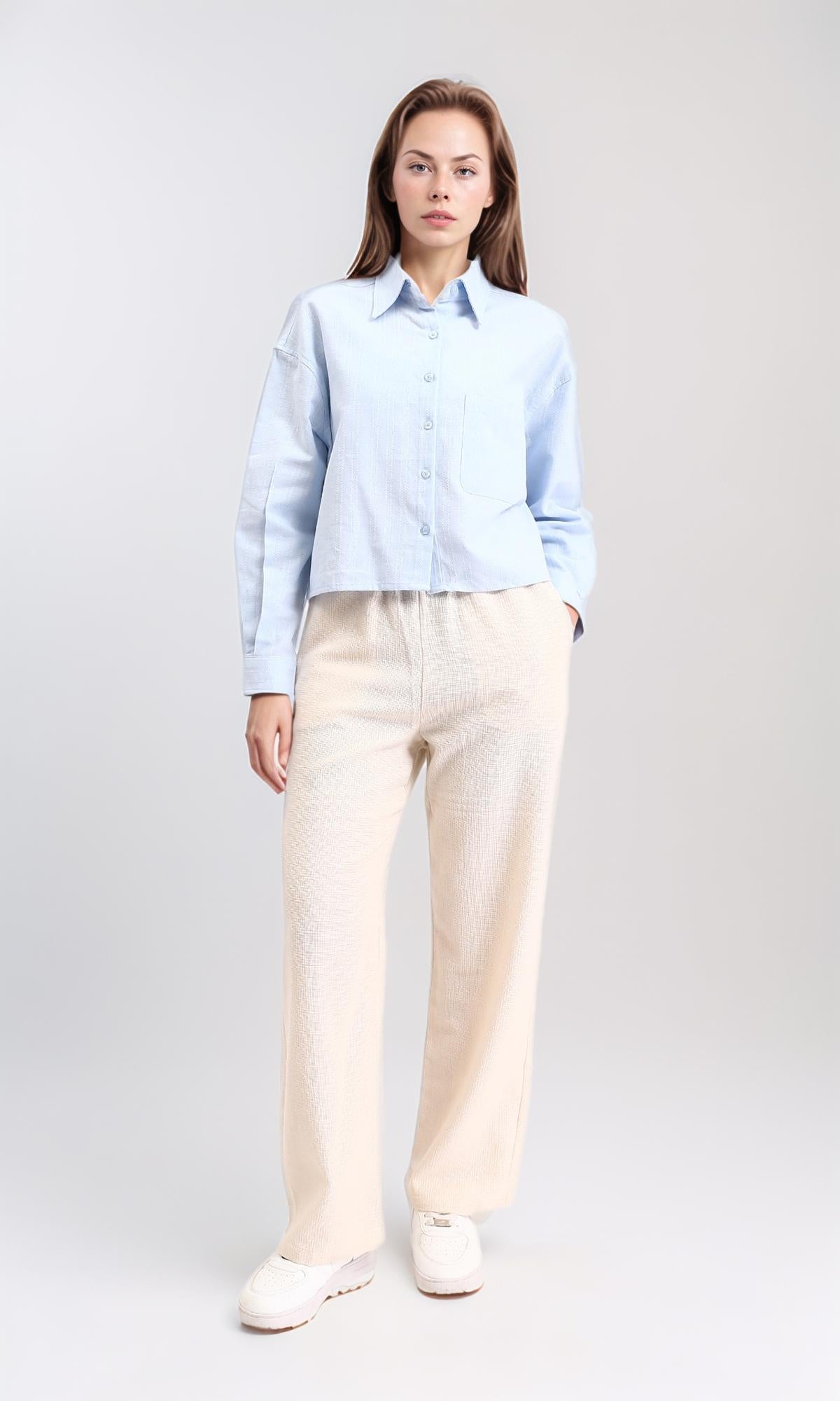 R210106 - Self Pattern Long Sleeves Cotton Shirt - Light Blue