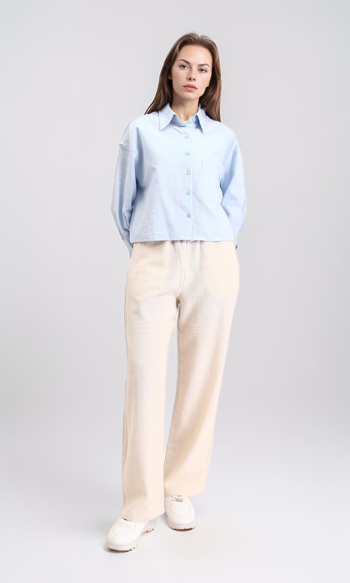 R210106 - Self Pattern Long Sleeves Cotton Shirt - Light Blue