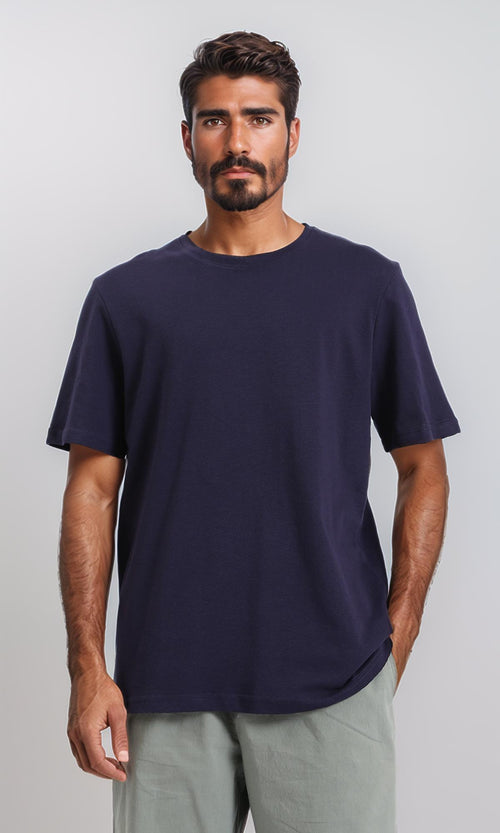 Cotton Elbow-Sleeves Lightweight Tee - Navy Blue