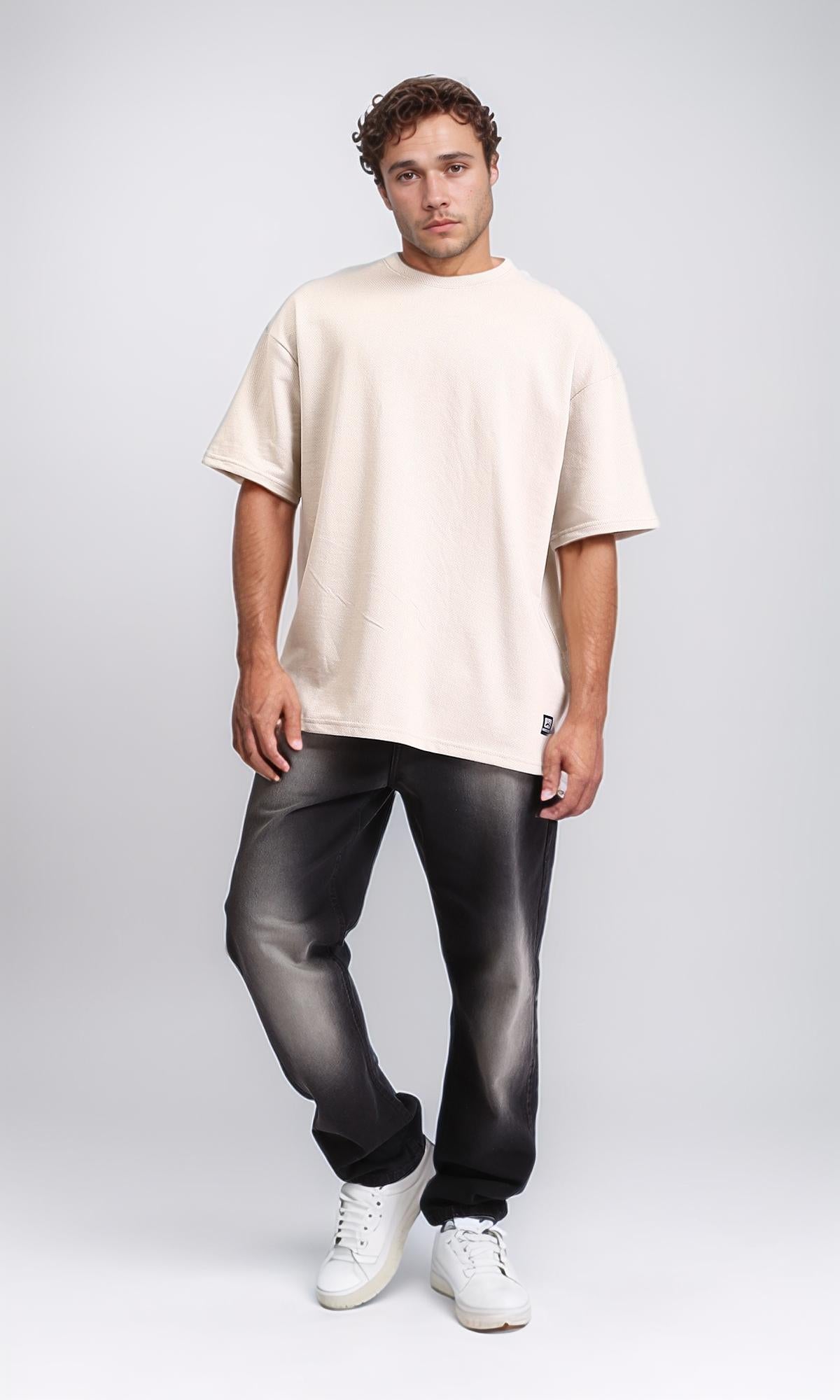 R210245 - Solid Pattern Slip On Basic Tee - Light Beige