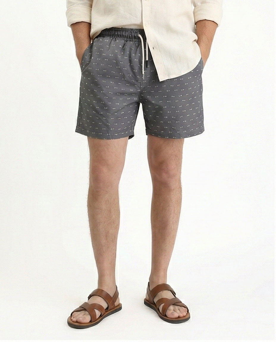 Fish Pattern Slip On Swim Short - Dark Grey