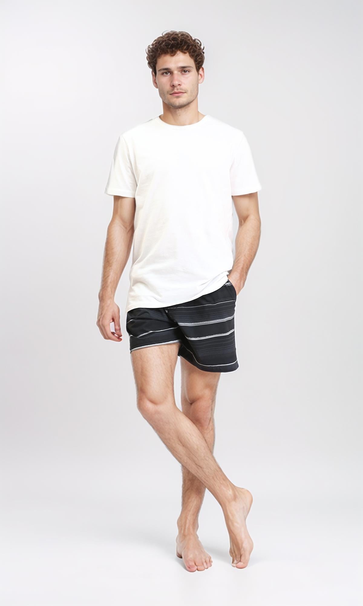 Striped Slip On Swim Short - Black
