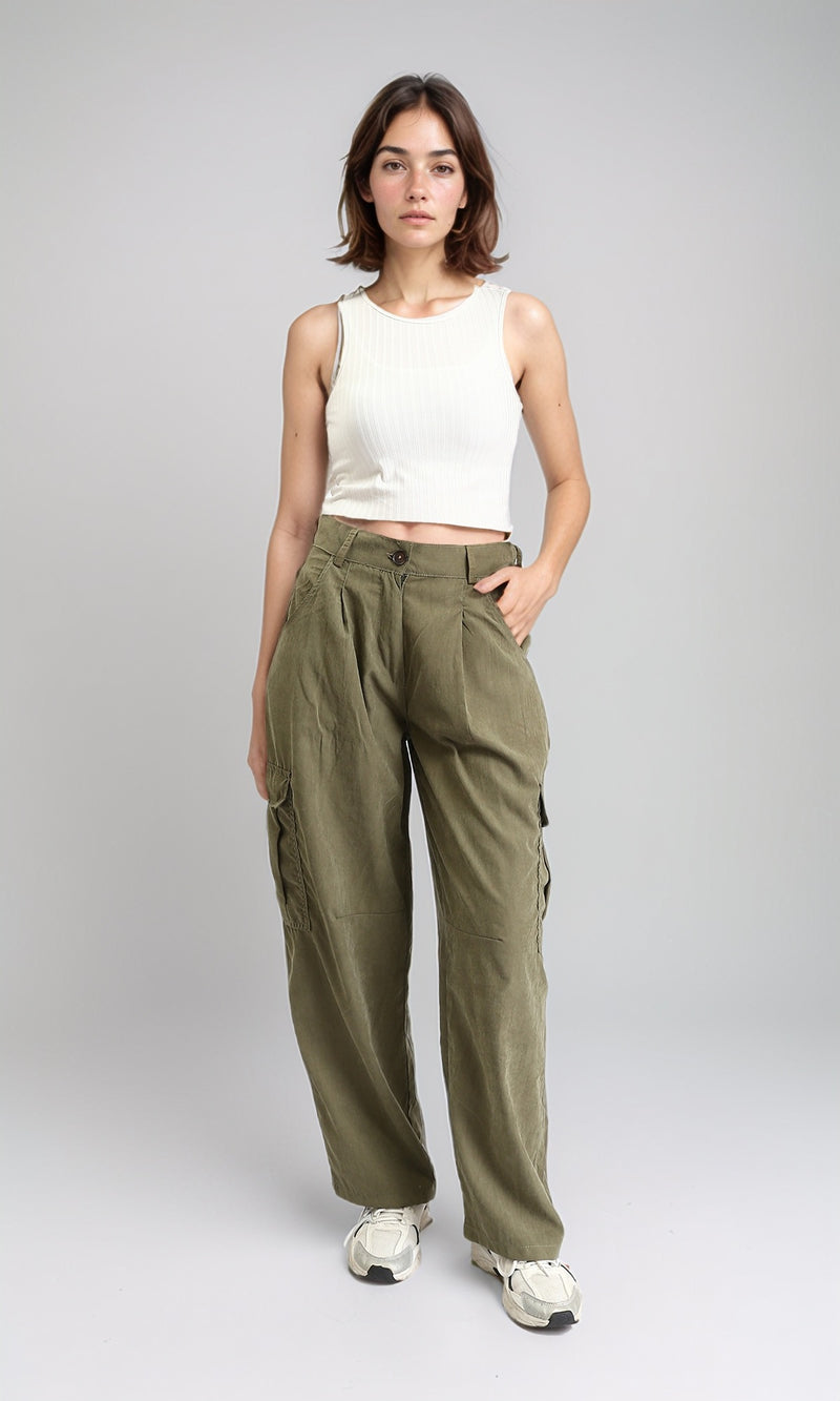R210301 - Straight Leg Comfy Cargo Pants - Dark Khaki