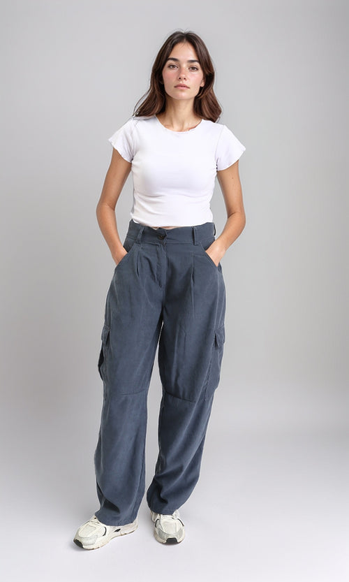 R210302 - Straight Leg Comfy Cargo Pants - Dark Grey