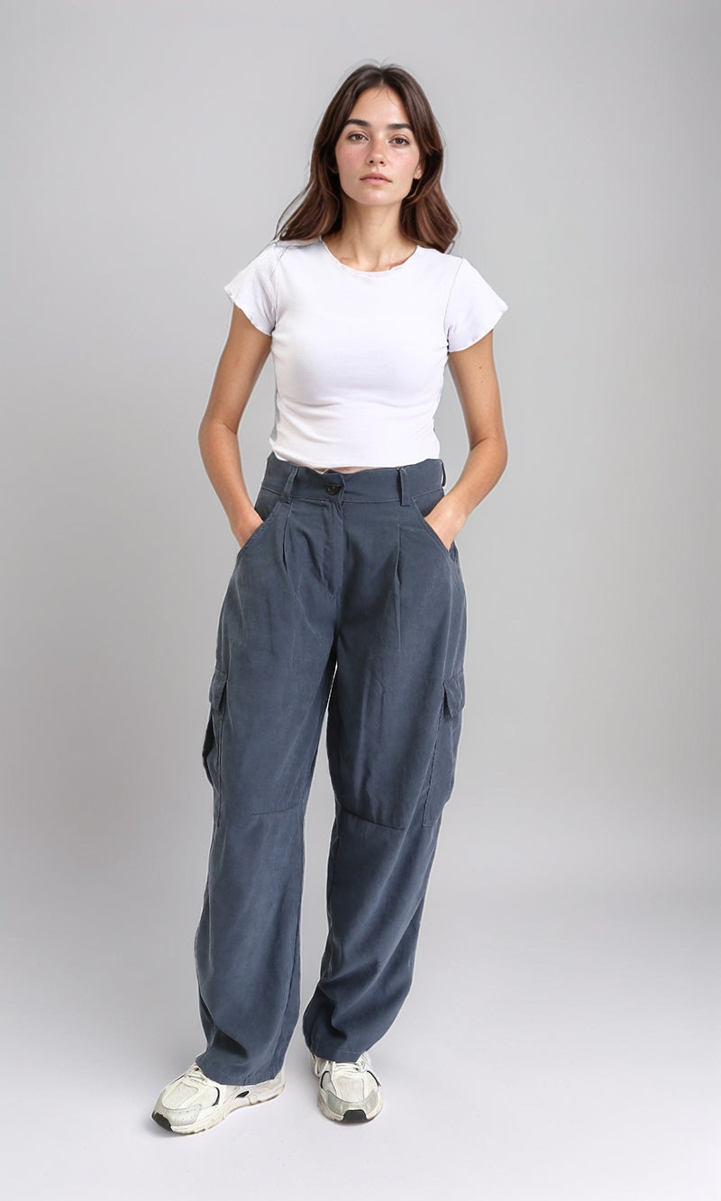 R210302 - Straight Leg Comfy Cargo Pants - Dark Grey