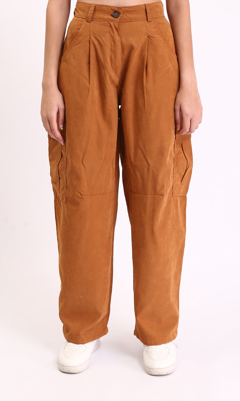 R210303 - High-Waisted Casual Cargo Pants - Rust Brown