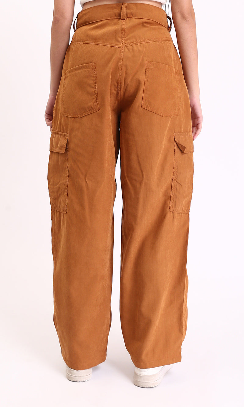 R210303 - High-Waisted Casual Cargo Pants - Rust Brown