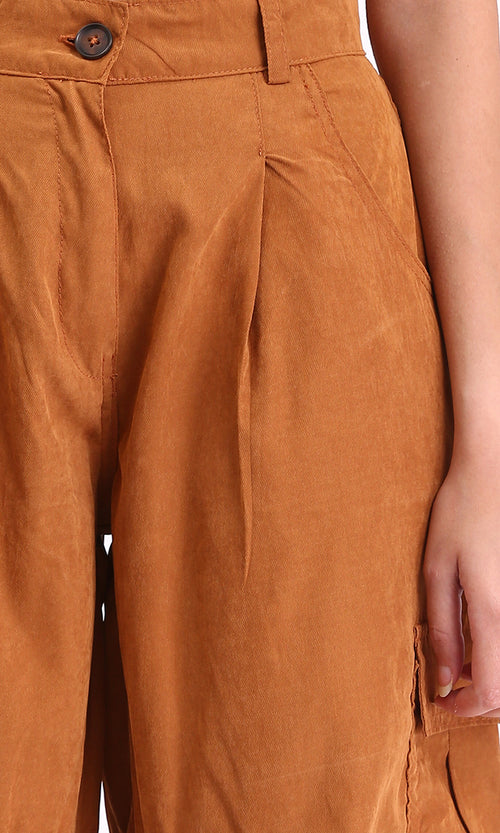 R210303 - High-Waisted Casual Cargo Pants - Rust Brown