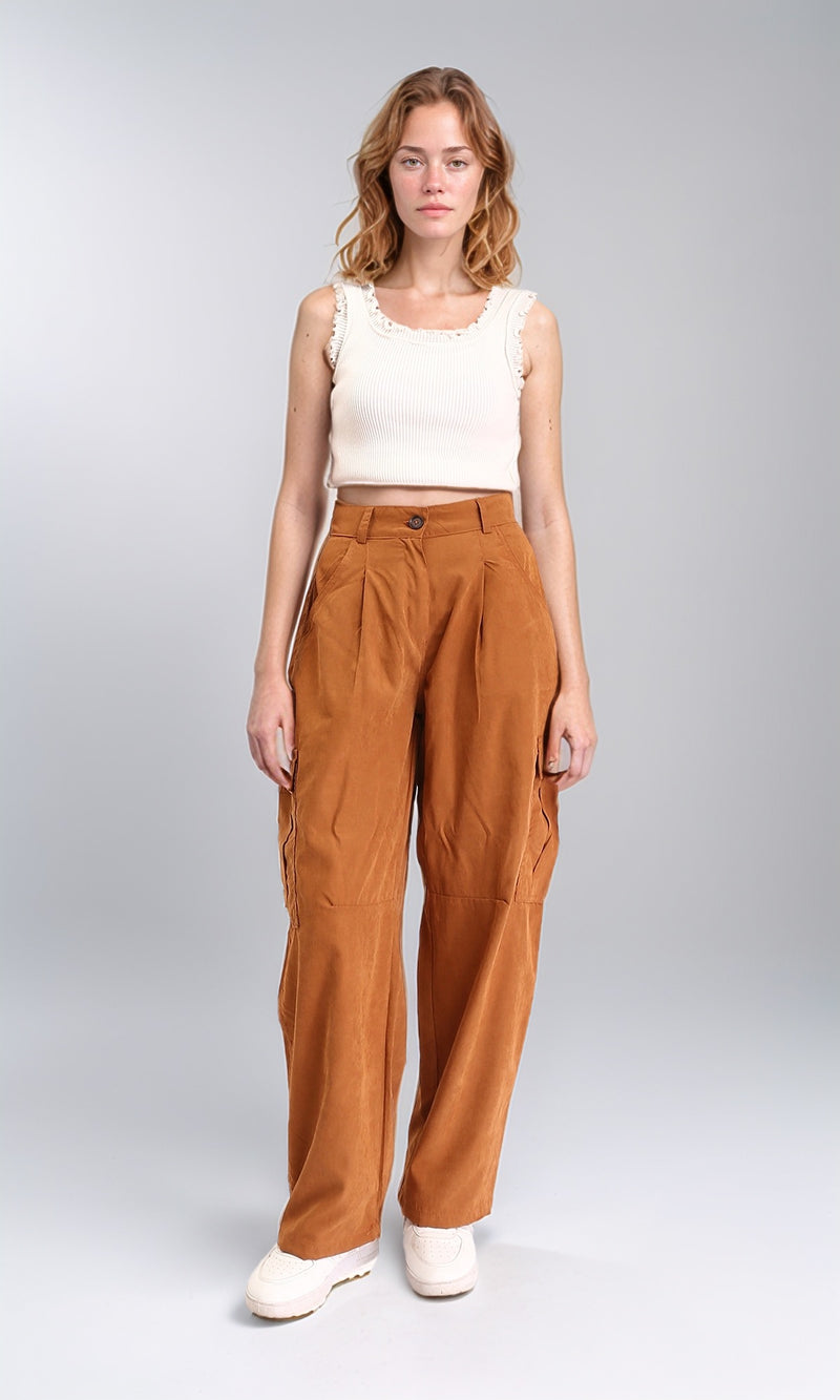 R210303 - High-Waisted Casual Cargo Pants - Rust Brown