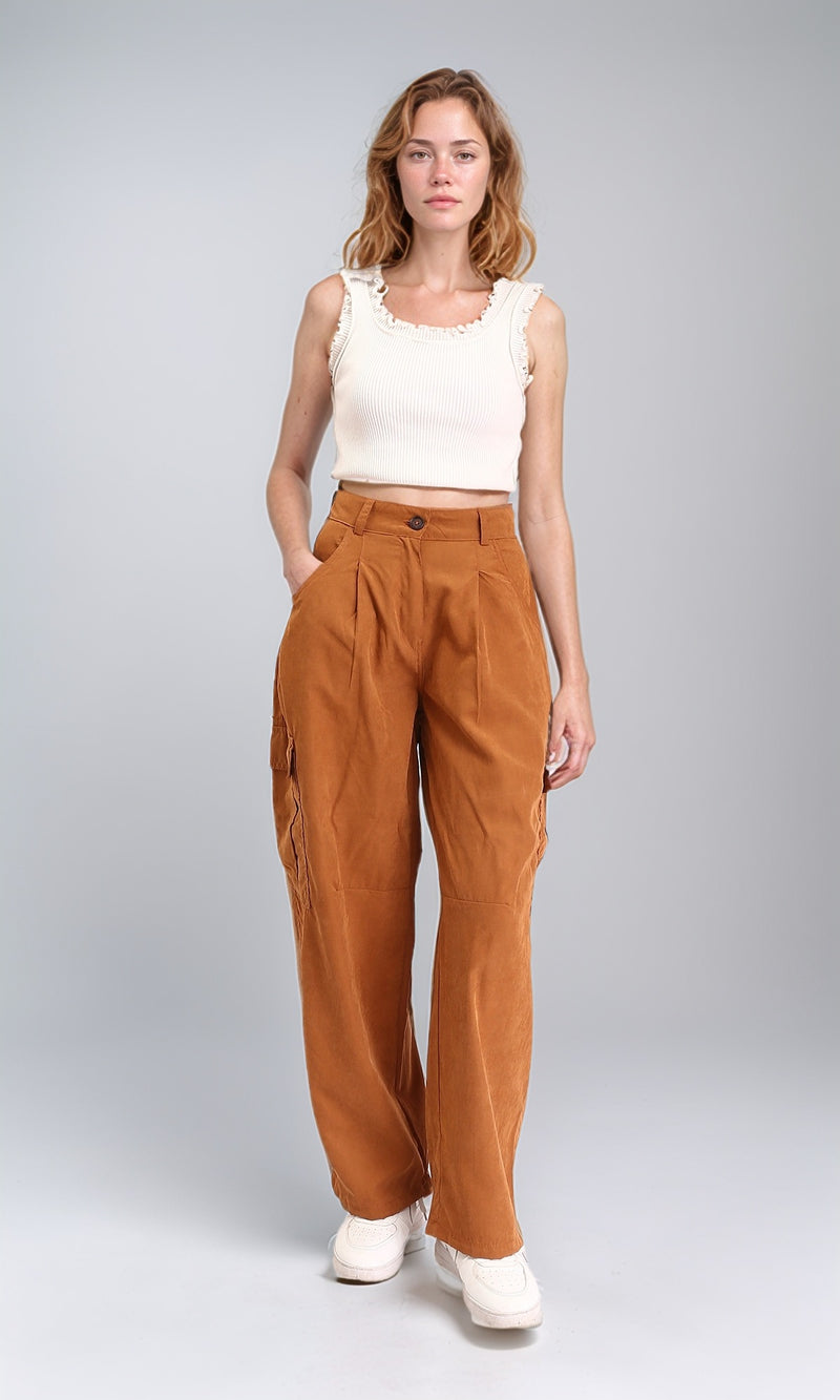 R210303 - High-Waisted Casual Cargo Pants - Rust Brown