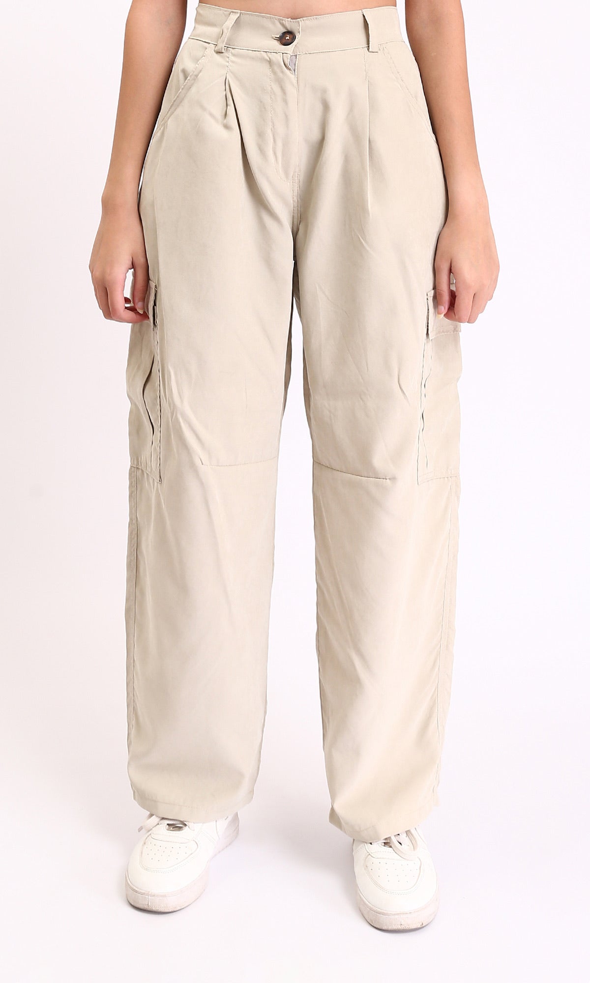 High-Waisted Casual Cargo Pants - Pastel Beige