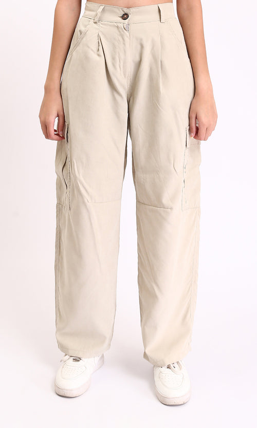 R210304 - High-Waisted Casual Cargo Pants - Pastel Beige
