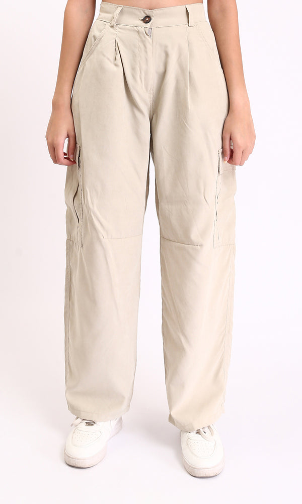 R210304 - High-Waisted Casual Cargo Pants - Pastel Beige