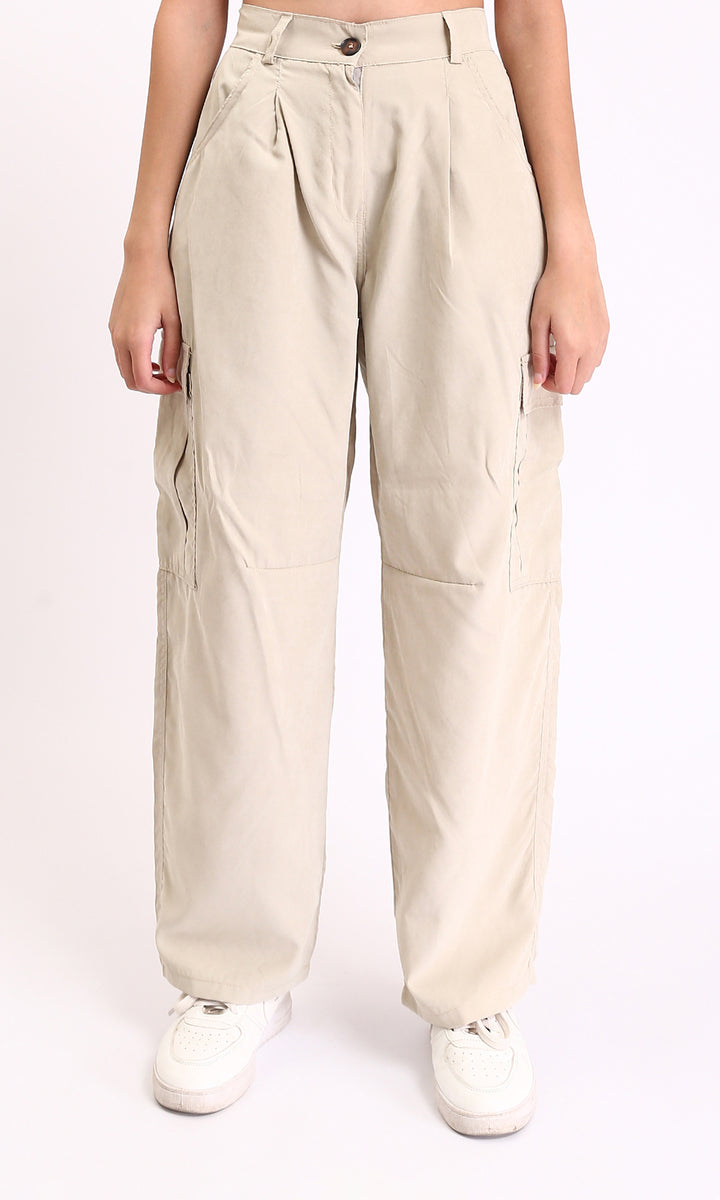 High-Waisted Casual Cargo Pants - Pastel Beige