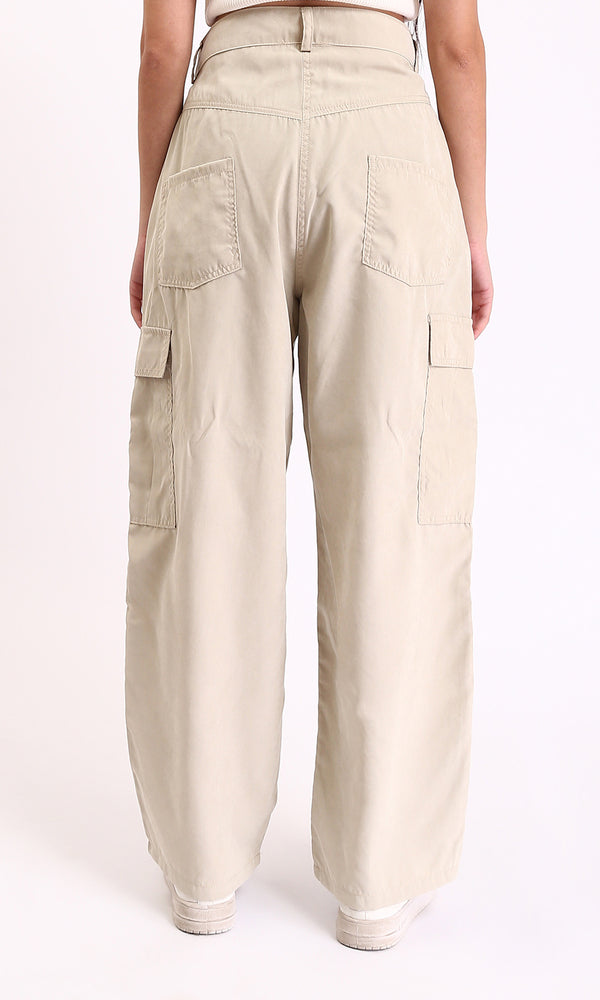 R210304 - High-Waisted Casual Cargo Pants - Pastel Beige