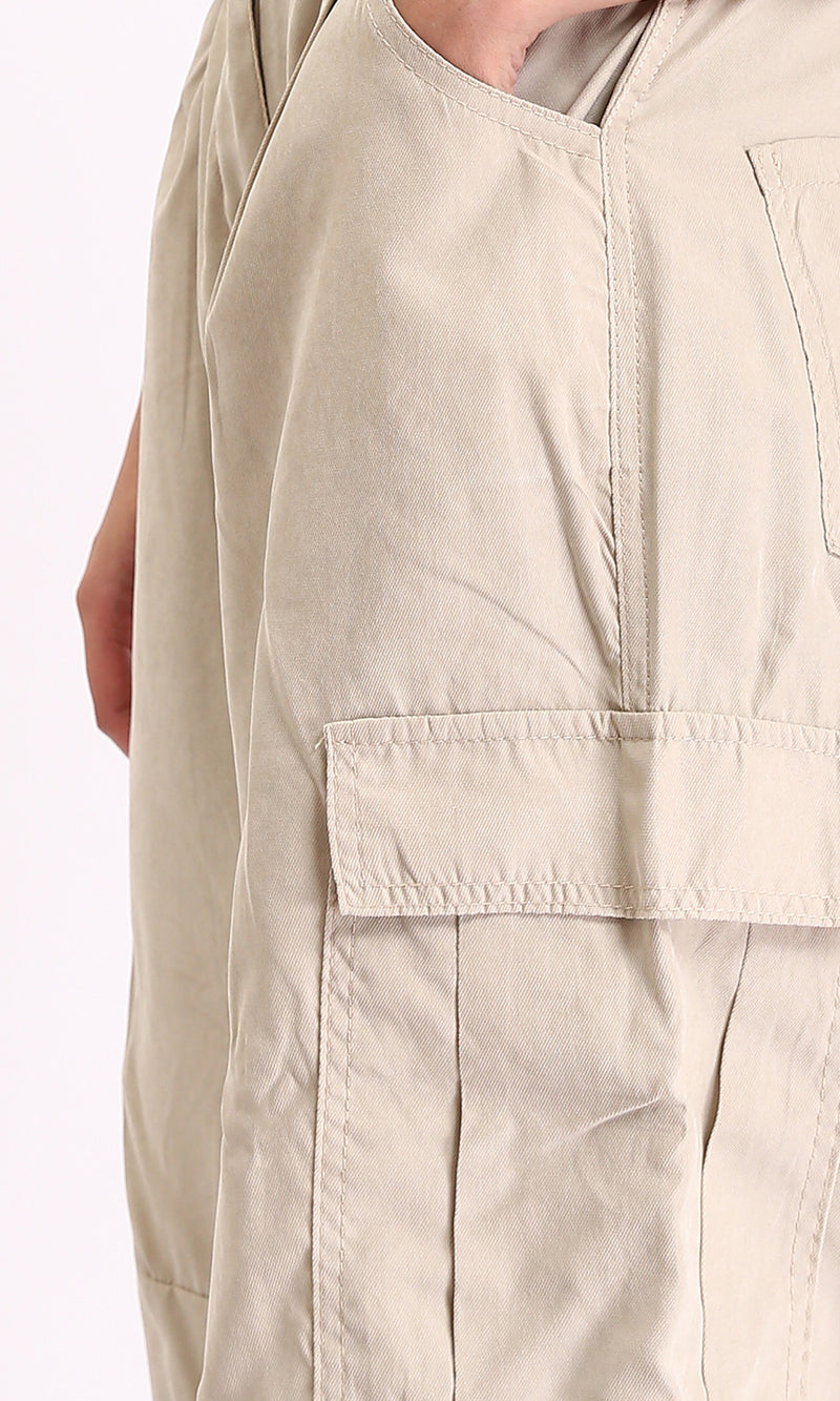 R210304 - High-Waisted Casual Cargo Pants - Pastel Beige