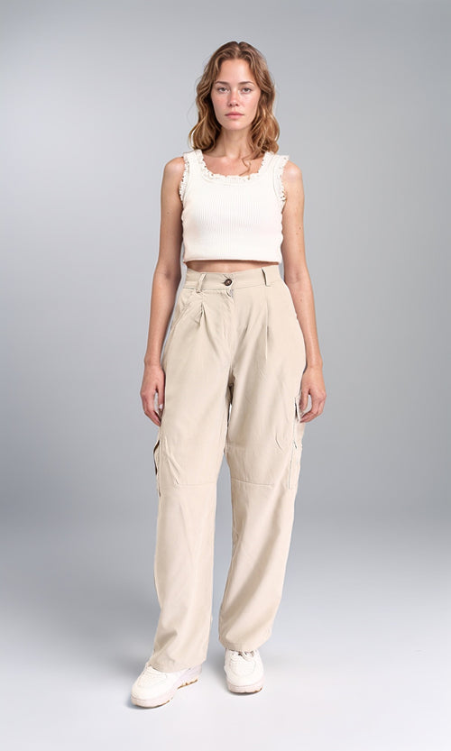 R210304 - High-Waisted Casual Cargo Pants - Pastel Beige